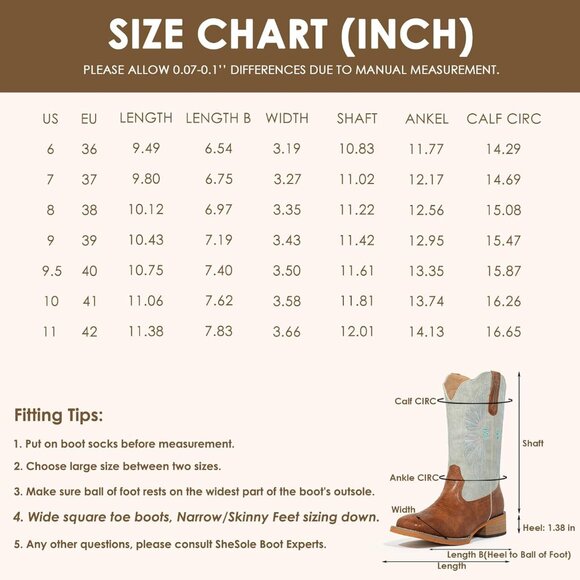 SheSole Western Boots Women Tan Faux Leather Square Toe Wide Mid Calf - Picture 6 of 9